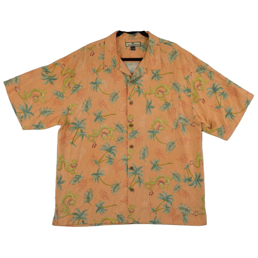 Tommy Bahama 100% Silk Camp Shirt Men's Size XL Orange Dragon Palm Tree Hawaiian